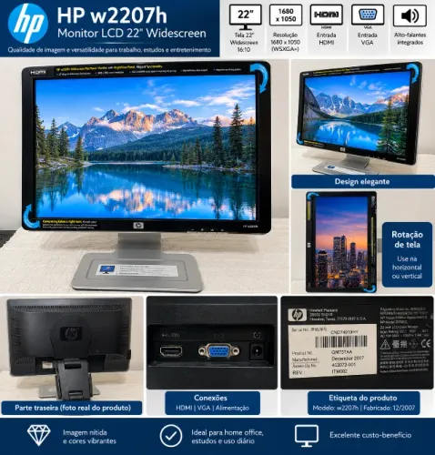 Monitor HP w2207h 22 - HDMI + VGA + Som Integrado - Tela Giratória