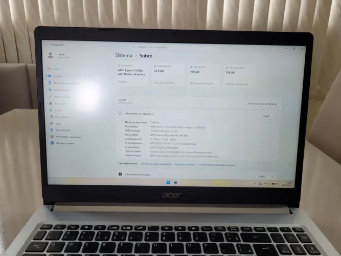 Notebook Acer Aspire 5 Ryzen 7 20GB RAM 256GB Armazenamento
