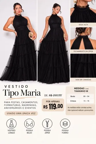 Vestido de Festa Longo Preto Tipo Maria - Tamanho M