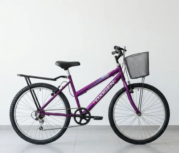 Bicicleta Aro 26 Feminina Roxa com Cesta e Bagageiro