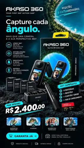 Câmera Akaso 360 5.7k Kit Completo + 4 Baterias + Bastão + 128gb