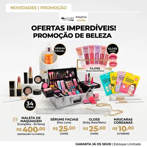 Promoção de Beleza: Maleta Completa 34 Itens + Cuidado Facial e Gloss
