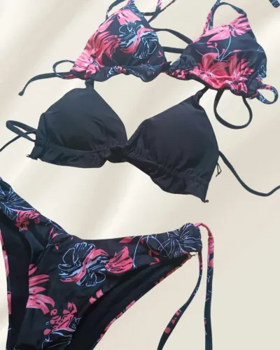 biquíni 3 peças estampado preto e rosa