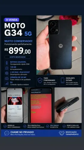 Celular moto g34, usado estado de novo, marcas apenas na película, acompanha carregador 
