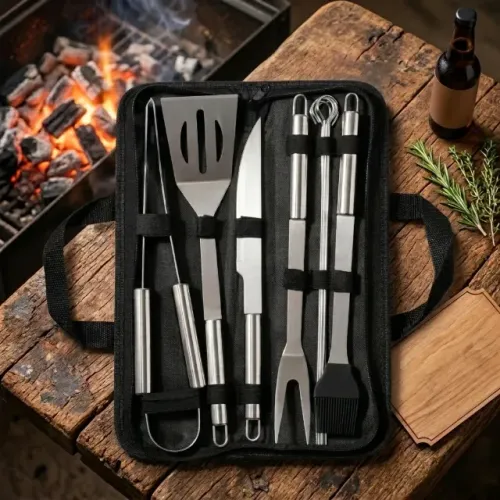Kit Churrasco Em Aço Inox Com Bolsa/Maleta Faca Garfo Espátula Pincel De Silicone Pegador