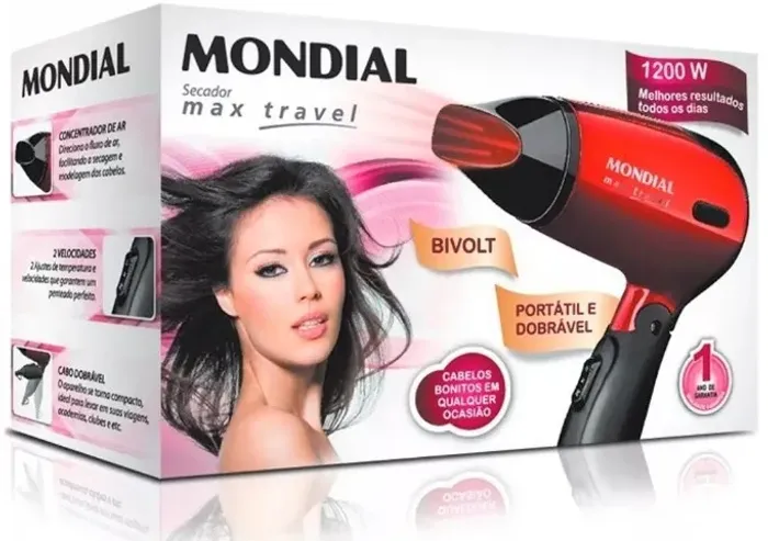 Secador de Cabelo Mondial Max Travel 1200W Vermelho-Preto Bivolt Novo com Garantia