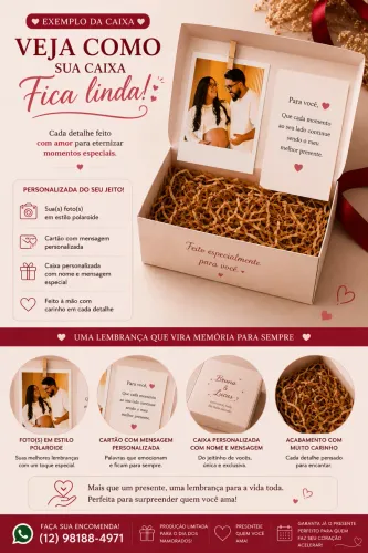 Caixa personalizada dia dos namorados com foto, cartão e chocolate