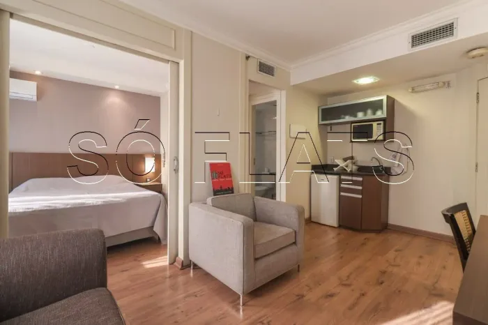 Flat disponível para locação na Vila Olímpia contendo 30m², 1 dormitório e 1 vaga de garag