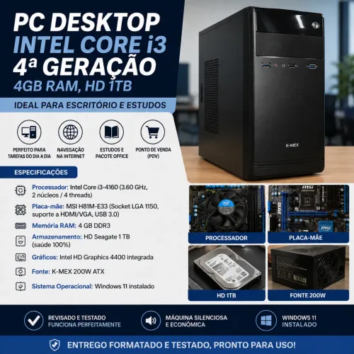PC Desktop Intel Core i3 4ª Geração, 4GB RAM, HD 1TB - Ideal para Escritório e Estudos