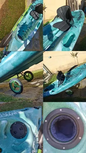 Caiaque Hunter fishing incluso: remo tipo folha, carrinho para transporte e âncora.