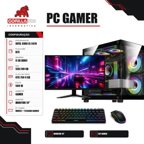 PC Gamer Completo i5 3470 GTX 750 4 GB 8GB SSD + Monitor - Gorilla Tech