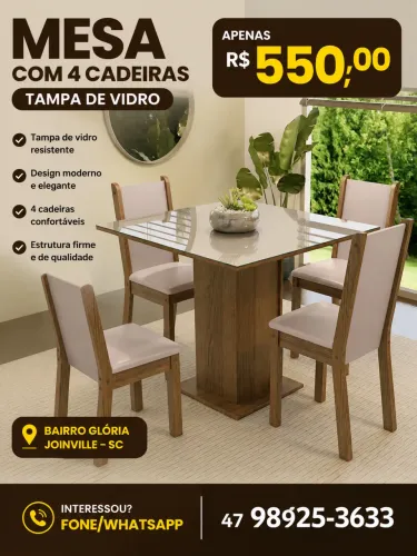 Mesa 4 cadeiras com tampa de vidro