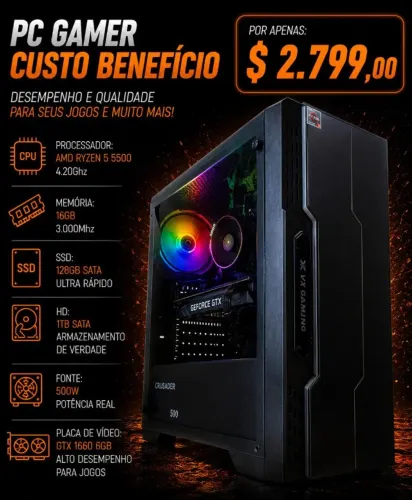 CPU Gamer Ryzen 5 5500 4.2Ghz / Mem 16Gb / SSD 128Gb+HD 1Tb / GTX 1660 6Gb (aceito cartão)