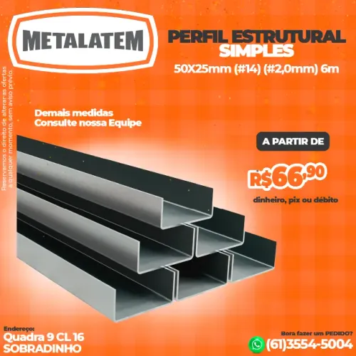 Perfil Estrutural Simples 50x25mm #14 (2,0mm) - Barra de 6 Metros