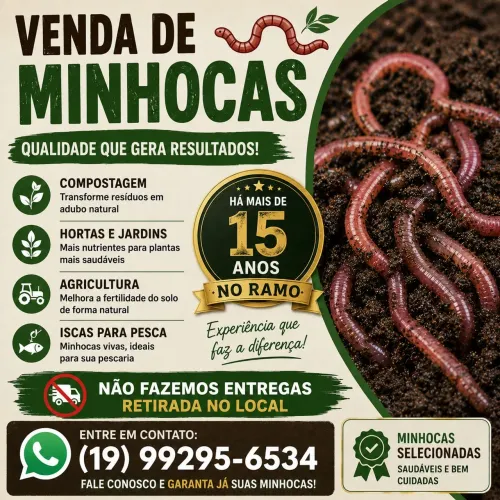 VENDA DE MINHOCAS<br><br>Há mais de 15 anos no ramo