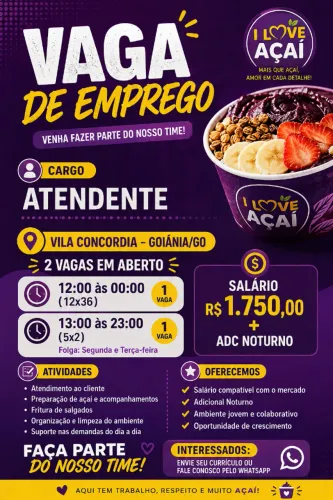 VAGA DE EMPREGO LOJA DE AÇAI VILA CONCORDIA