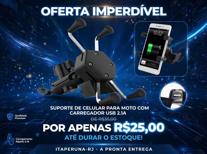 SUPORTE DE CELULAR PARA MOTO COM CARREGADOR USB - DE R$35 POR R$25 - ITAPERUNA 
