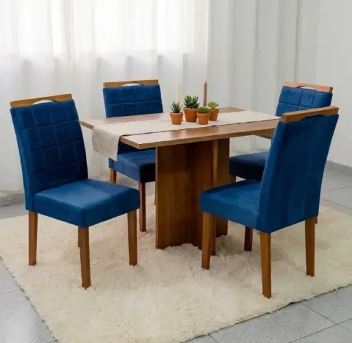 Conjunto de Jantar Ravena 4 Lugares Cinamomo com Cadeiras em Veludo Azul