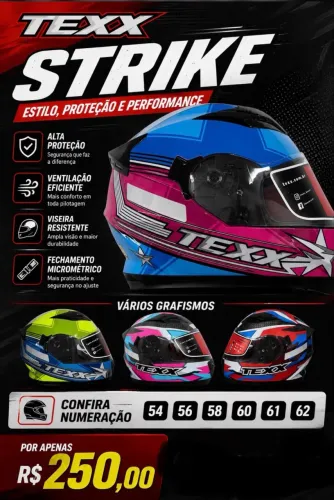 Capacete moto texx strike vários grafismos e tamanhos super promoção 