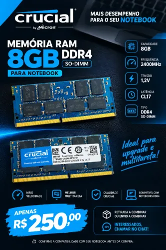 Memória RAM Crucial 8GB DDR4 para Notebook - 2400MHz