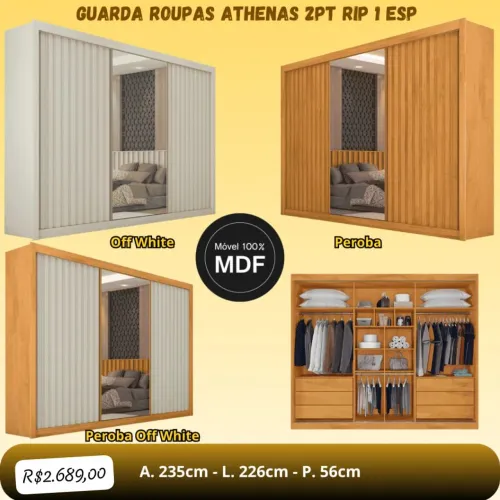 Guarda roupa Athenas 2 portas ripado 1 porta c/ espelho 