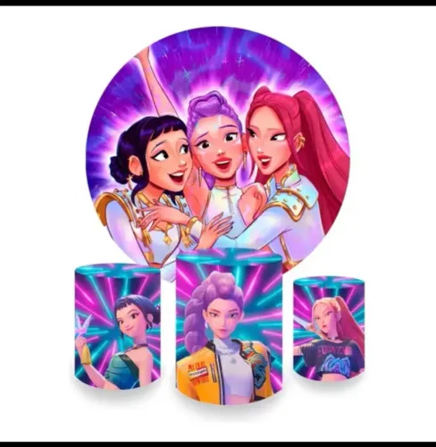 Kit decoração GUERREIRAS DO KPOP - Capas p/ cilindros + painel 