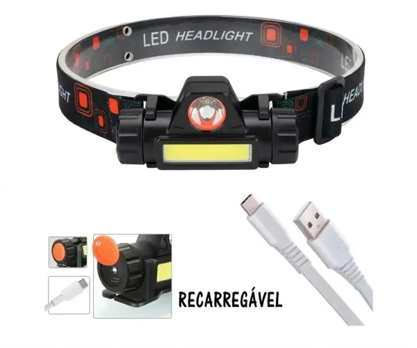 Lanterna De Cabeça Testa C/ Led Farolete Recarregável Bivolt USB