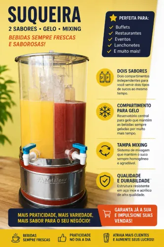 SUQUEIRA DE ACRÍLICO E INOX 5 LITROS - 2 SABORES - COMPARTIMENTO DE GELO