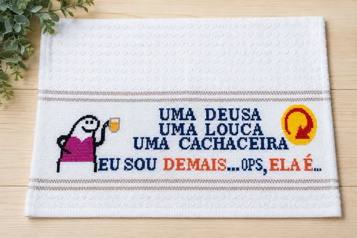 Pano de Copa Atoalhado Bordado à Mão em Ponto Cruz - Decoração para Cozinha