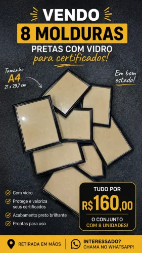 ? 8 Molduras Pretas com Vidro para Certificados