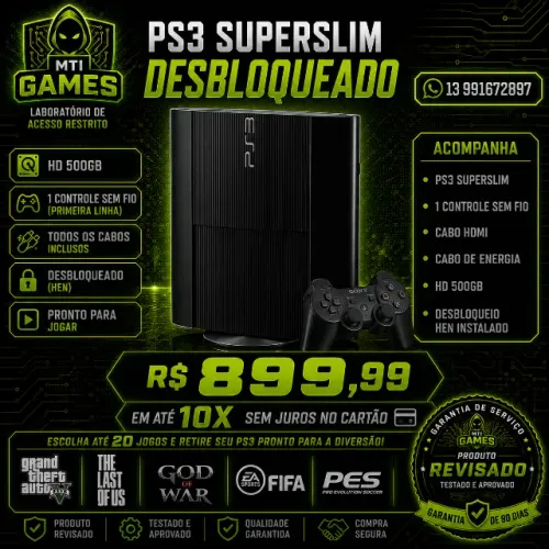 PS3 SUPER SLIM 500GB DESBLOQUEADO 10x sem juros