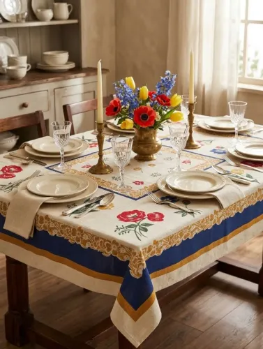 Toalha de mesa 1,40x140 Floral Vintage em linhão. Para mesa quadrada de 4 lugares