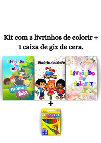 Kit contendo 3 livrinhos de colorir + 1 caixa com giz de cera