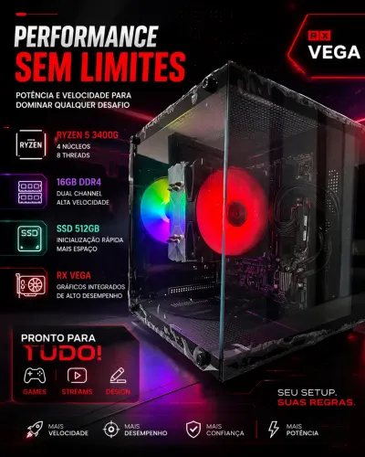 PC Gamer RGB Ryzen 5 3400G | 16GB DDR4 | SSD 512GB | Vega Graphics | Pronto para Uso!