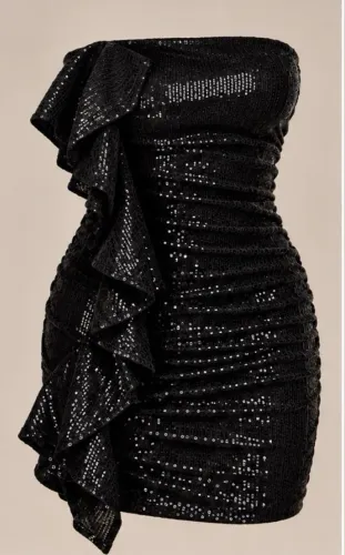 Vestido Curto Preto de Paetês com Babados - Tomara que Caia