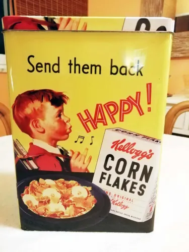 Lata grande de CORN FLAKES, com decoração "vintage anos 1950", muito bonita
