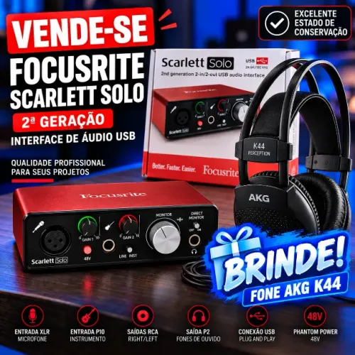 Interface De Áudio + BRINDE! Focusrite Scarlett Solo 2a Gen + brinde fone akg k44 !
