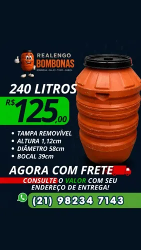 Bombona de 240L Tambor Barril Galão Tonel Bombonas pra Água Gelo Ração Filtro Óleo Suco