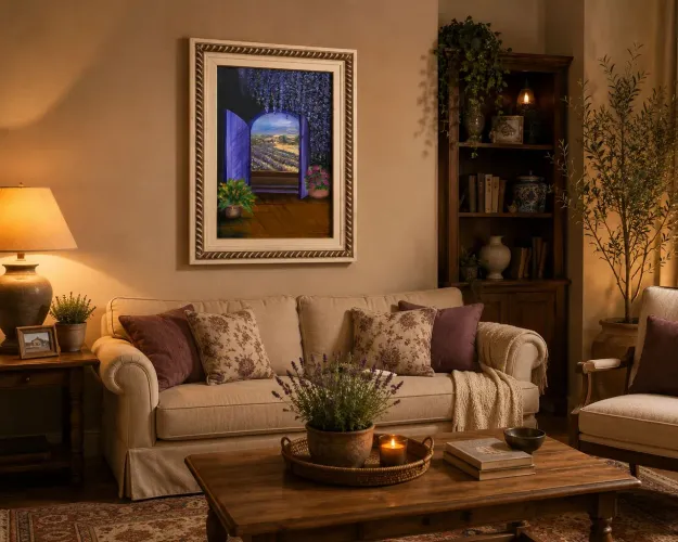 Quadro original pintado à mão ? janela para campo de lavandas