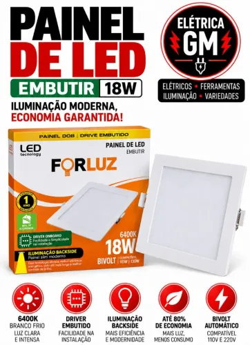 Painel de led embutir 18w 6400k forluz