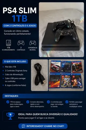 PS4 Slim 1TB Usado + 6 Jogos + Controle Original | Ótimo Estado