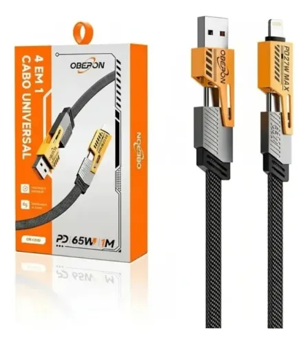 Cabo Universal 4 em 1 Oberon 65W PD | USB, USB-C e Lightning | 1 Metro