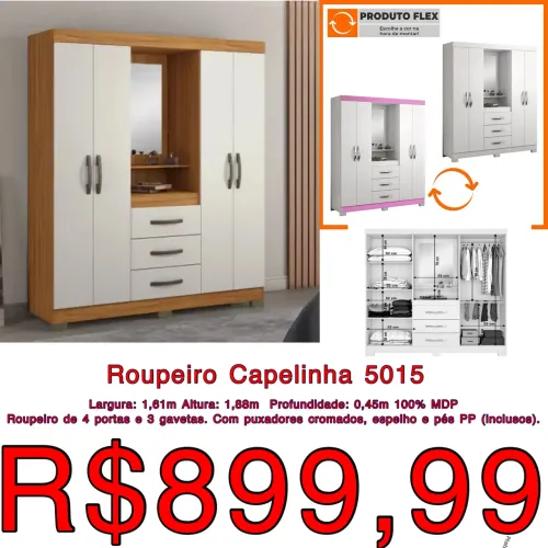 Guarda roupas Capelinha 5015 com espelho / 3 cores disponíveis / pague na entrega