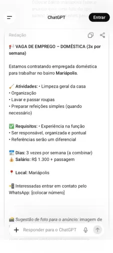 Preciso de moça para trabalhos domesticos