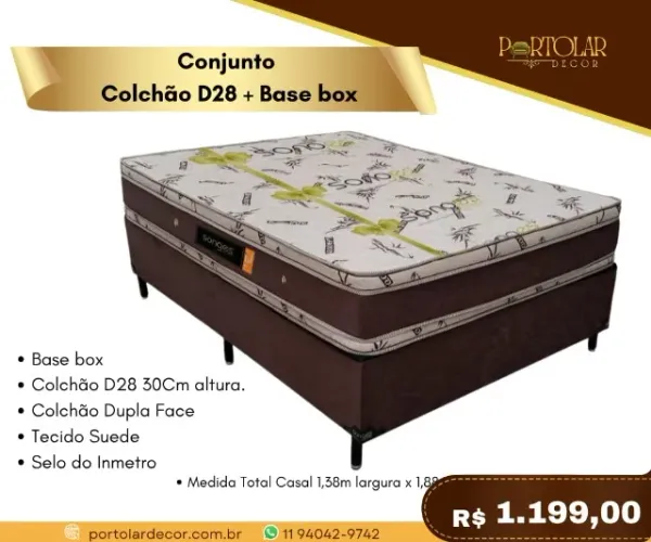 Conjunto Colchão D28+ Base Box, a pronta entrega