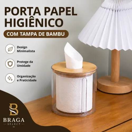 Porta Papel Higiênico com Tampa de Bambu | Organizador para Banheiro