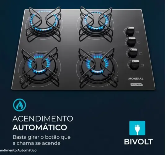 Cooktop 4 Bocas a Gás GLP Mondial Mesa de Vidro Preto Acendimento Automático - CTG-01