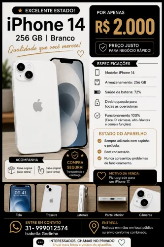 iPhone 14 256GB Branco | Excelente Estado | R$ 2.000