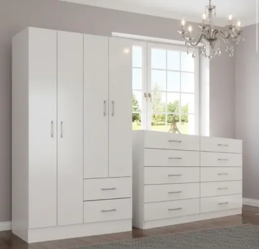 Conjunto Quarto Essencial Guarda-Roupa 4 Portas e Cômoda 10 Gavetas Branco