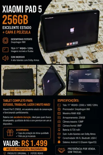 Xiaomi Pad 5 256GB 6GB RAM + Capa + Película